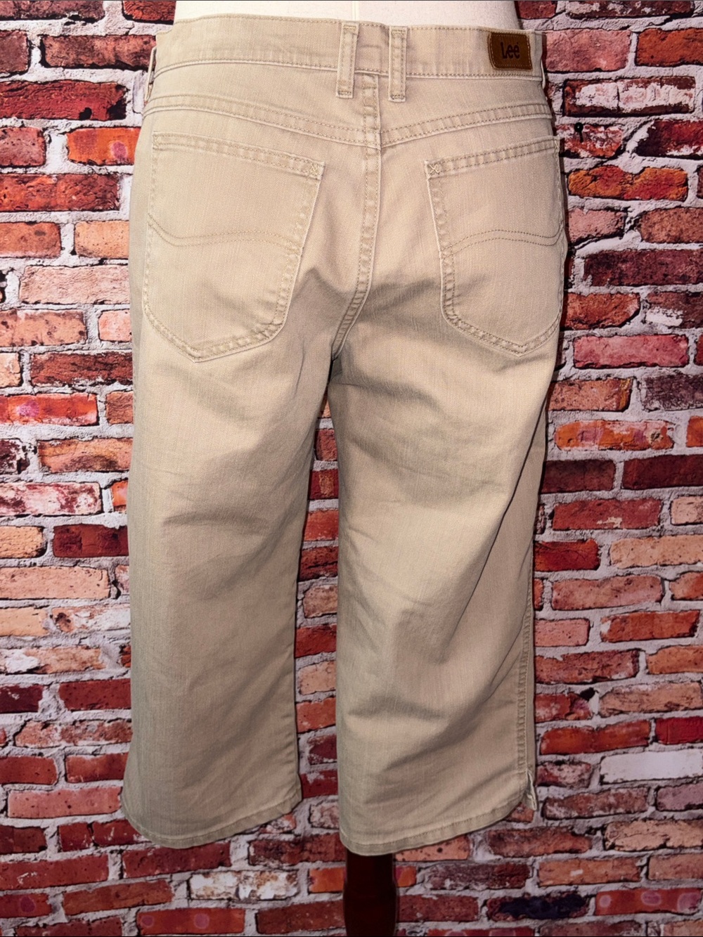 Vintage Lee Women’s Khaki Wide-Leg Cropped Cotton Chinos Jeans Light Tan 14